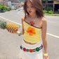 Y2K Sweet Style Tank Tops Women Flower Print Off Shoulder Shirring Backless Vacation Trend Beach Party Skinny Outfits