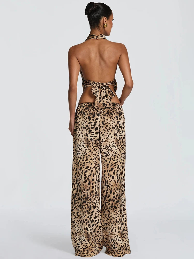 Leopard Print 2 Piece Set Women Hottie Wild Halter Backless Bandages Tank Top+Wide-Leg Pants Fashion Street Suits