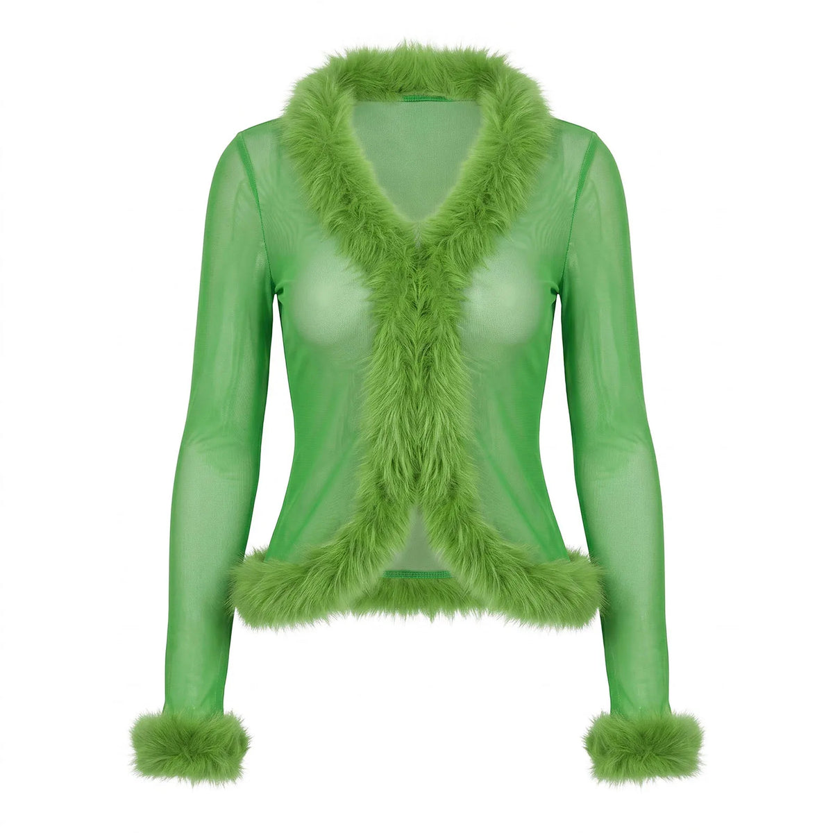 Women Y2K Faux Fur Trim Mesh Cardigan Long Sleeve V Neck Open Front Cropped Sheer Jacket Club Party Outerwear Tops