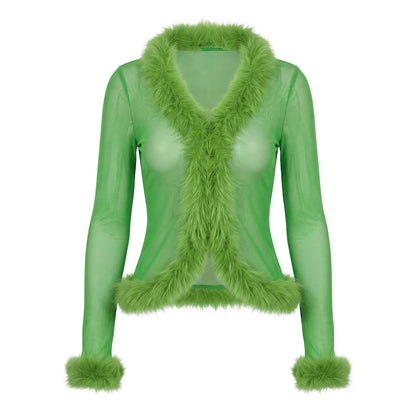 Women Y2K Faux Fur Trim Mesh Cardigan Long Sleeve V Neck Open Front Cropped Sheer Jacket Club Party Outerwear Tops