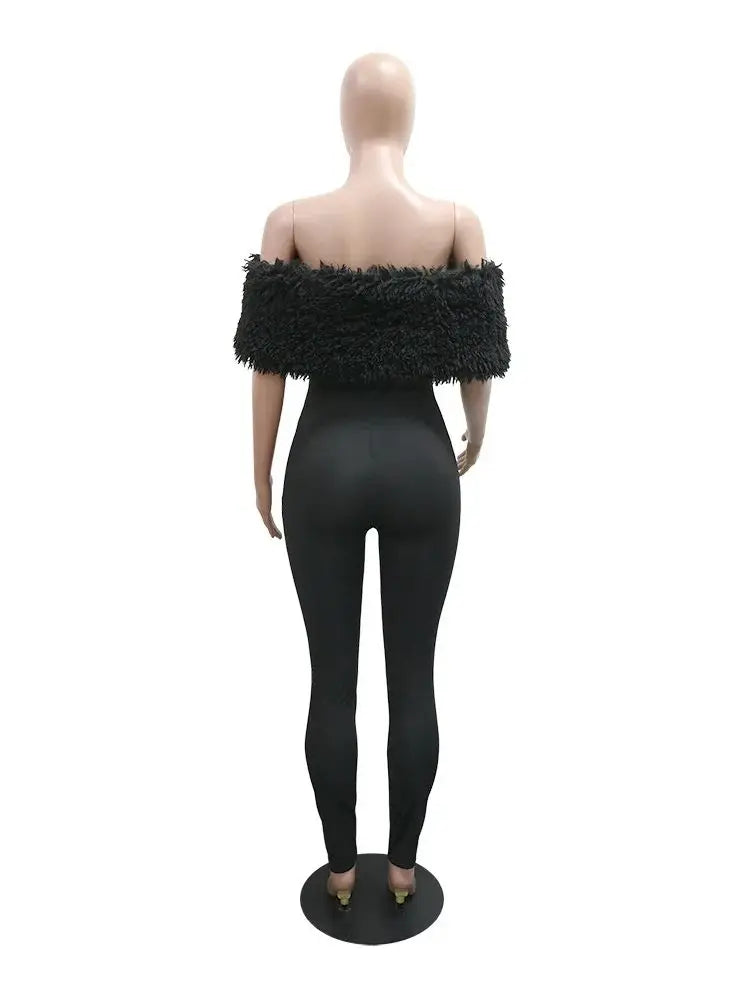 Furry Slash Neck Jumpsuit Women Skinny Fitness Fall Trend Hipster Fitness Elegant Stretch Streetwear Workout Overalls