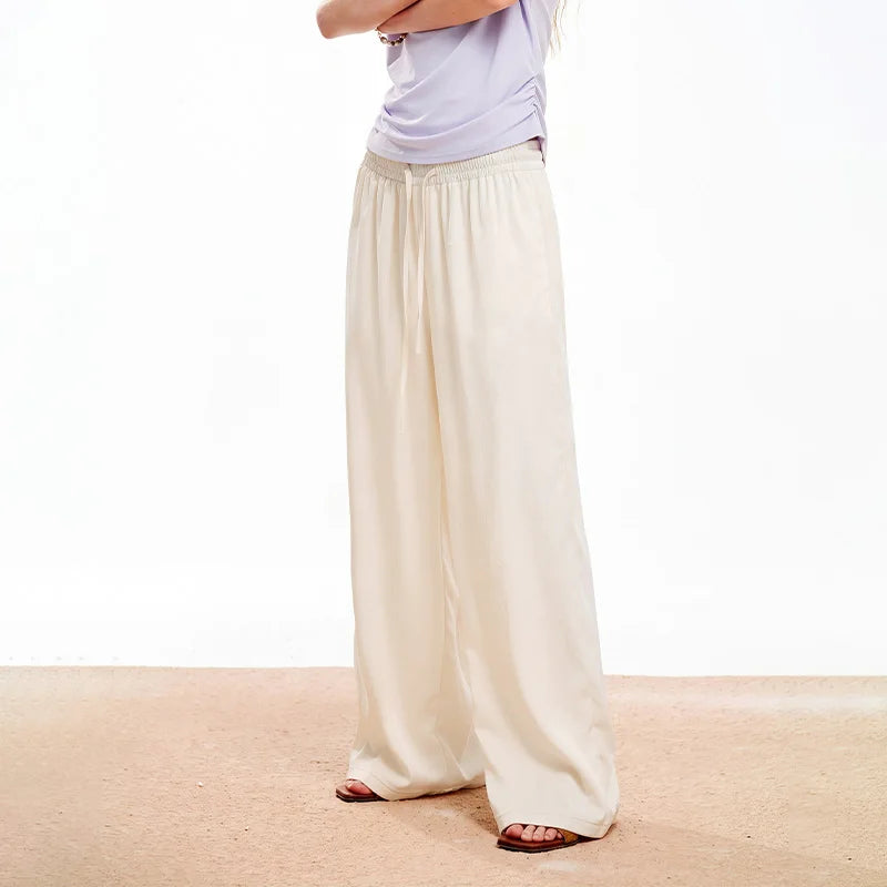 Women's High Waist Drawstring Satin Wide Leg Pants, Casual Loose Fit Solid Color Trousers, Elegant Silky Summer Bottoms