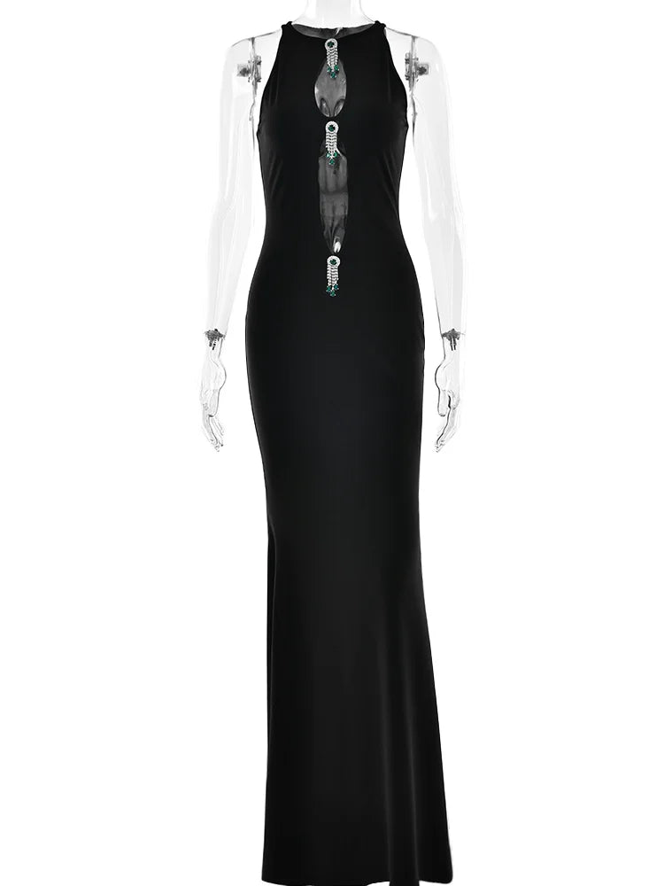 Elegant Hollow Women Maxi Dress Y2K Luxury Sexy Fringed Metal Trim Vacation Banquet Trend Fit Birthday Party Vestidos