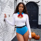Women Contrast Collar Long Sleeve Bodysuit High Waist Shorts Set Halloween Cosplay Fancy Party Costume With Bow And Belt