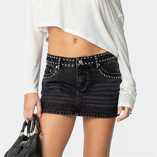 Womens Studded Denim Mini Skirt Low Waist Vintage Micro Skirt Y2K Aesthetic Streetwear Clubwear Party Slim Fit Skirt