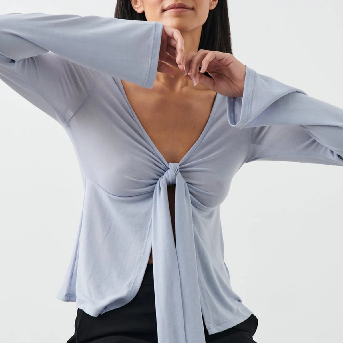 Women Tie Up Shirts Long Sleeve Y2k Twist Fitted Crop Tees Sexy V Neck Tie Front Dressy Top Elegant Streetwear