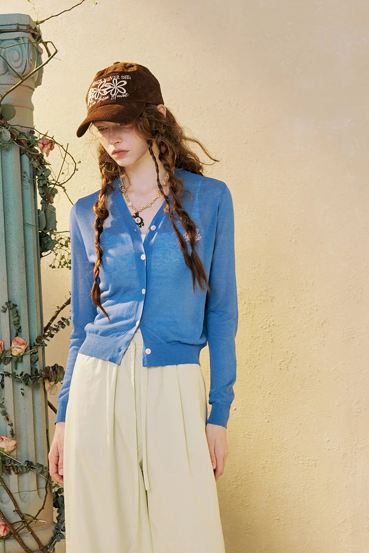 Women's V Neck Crop Knit Cardigan with Cartoon Embroidery, Casual Long Sleeve Knit Top, Sweet Preppy Style Outerwear