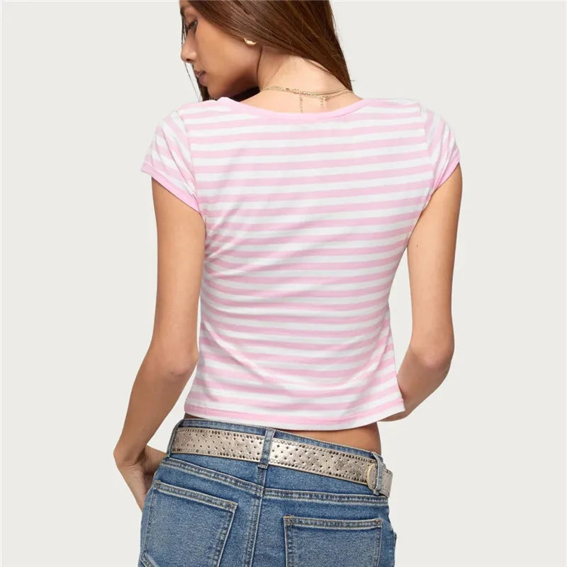 Y2K Hot Girl Multi Color Contrast Trim Striped Crop T Shirt Women Wrap Deep V Cap Sleeve Slim Fitted Cropped Street Top