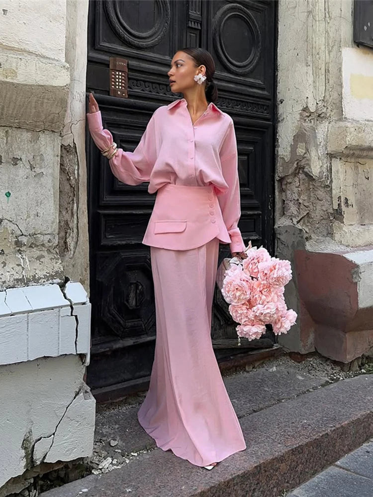 Single-Breasted 3 Piece Set Women Elegant Polo Neck Full Sleeve Blouse+Pinafore+Skirt Matching Trend Chic Streetwear