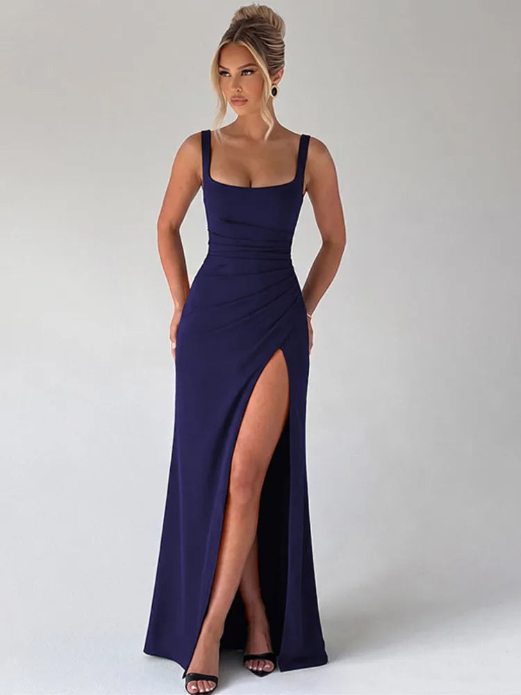 Square Collar Backless Sexy Maxi Dress Women Elegant Spaghetti Strap Sleeveless High Split Bodycon Club Party Dress