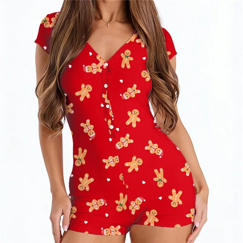 Holiday Xmas Stripe Tartan Romper Ladies Deep V Henley Button Front Short Sleeve Stretch Skinny Sleep Short Jumpsuit