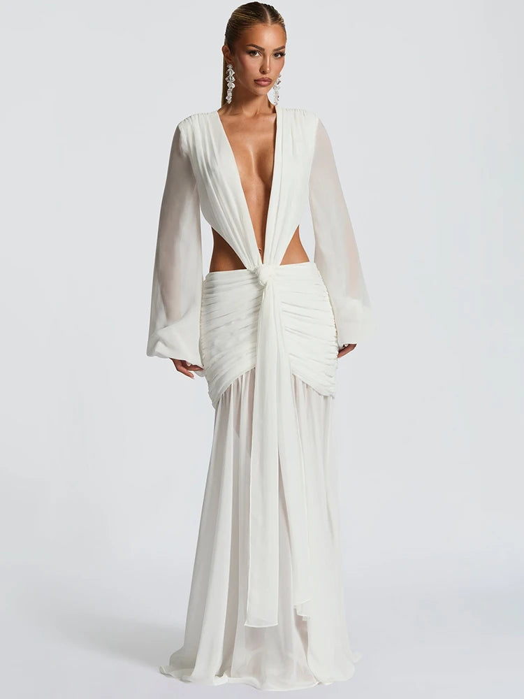 Deep V Neck Long Sleeve Sexy Maxi Dress Women Gown Fashion Hollow Out Backless Ruched Club Party Long Dress Elegant