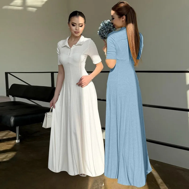 Casual Short Sleeve A-line Long Dress for Woman Elegant Knit Dresses Fall Clothes 2025 Brunch Outfits
