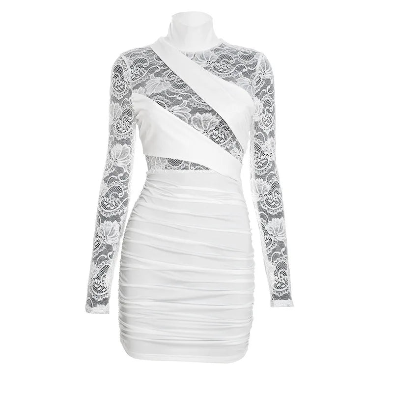 Turtleneck Lace Splicing Long Sleeve Mini Dress Fashion Sexy See Through White Bodycon Dresses Woman