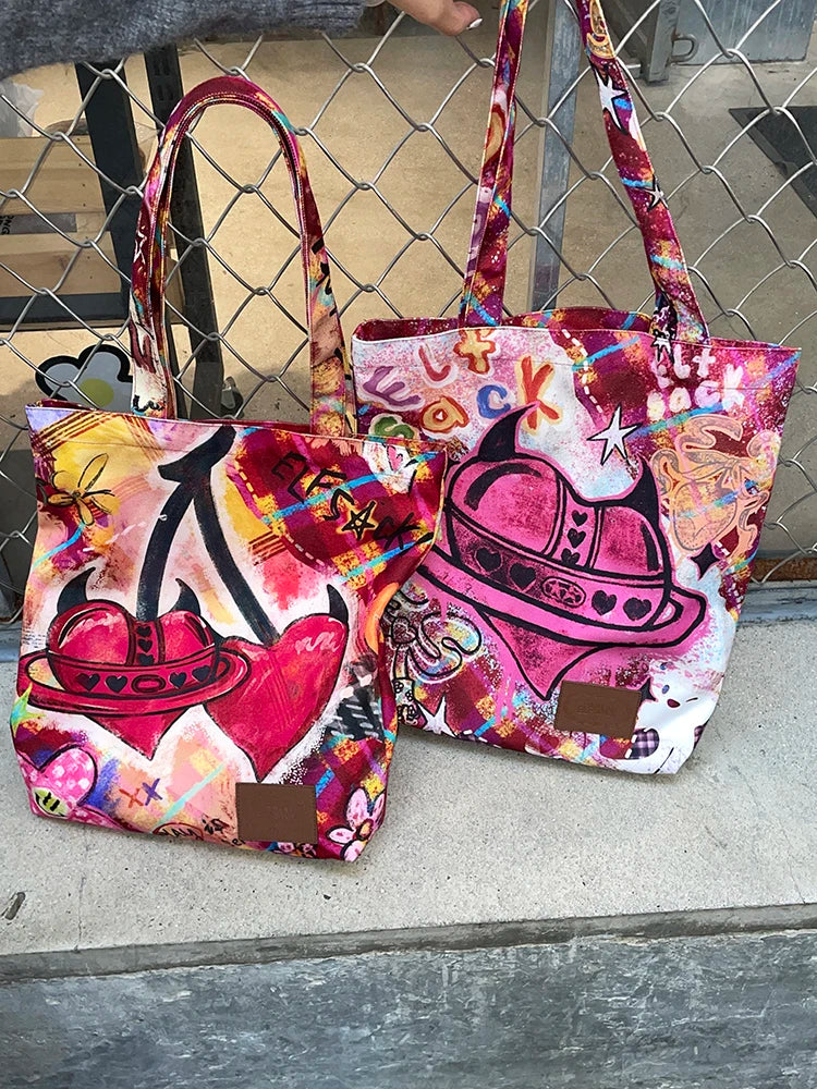 Y2K Plaid Cherry Hand Drawn Graffiti Large Capacity Tote Bag For Women