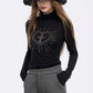 2025 Winter New Arrivals Y2K Slimming Heart Graphic High Neck Asymmetric Hem Long Sleeves Tshirt For Women