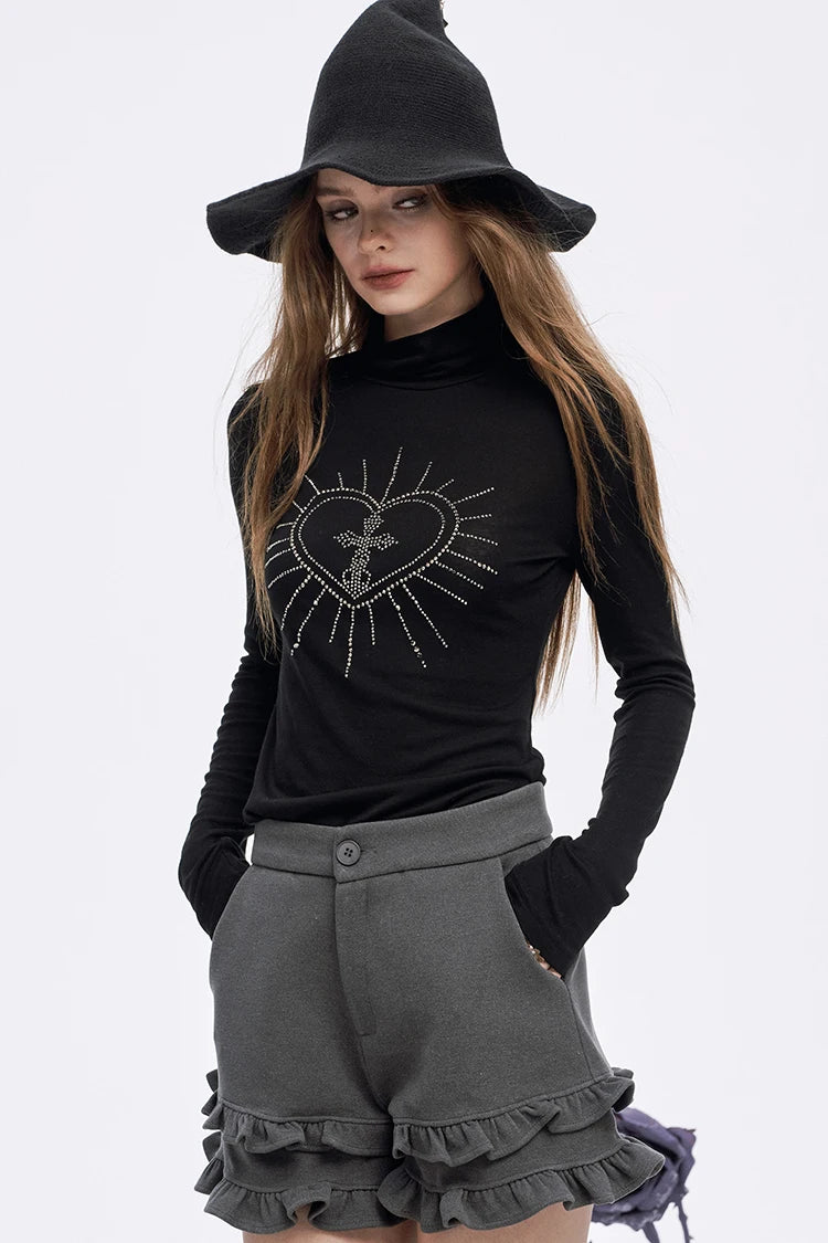 2025 Winter New Arrivals Y2K Slimming Heart Graphic High Neck Asymmetric Hem Long Sleeves Tshirt For Women