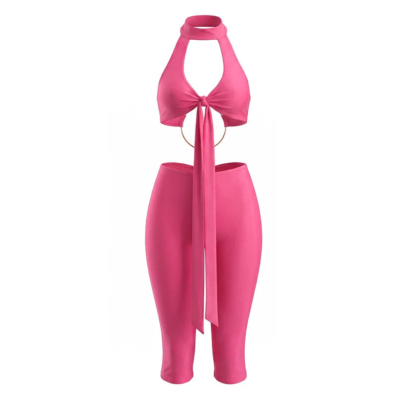Sexy 2-Piece Set Womenmetal Ring Hollow Backless Bandage Tassel Vest+Peachy Butt Simple Short Midnight Classic Outfit