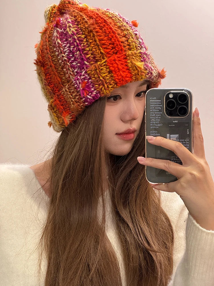Dopamine Colorful Vertical Striped Rolled Edge Beanie For Women