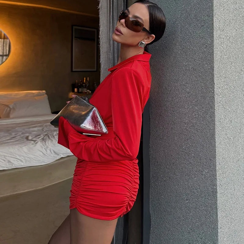 Deep V Neck Long Sleeve Wrap Mini Dress Woman Clothing Sexy Red Autumn Dresses 2026