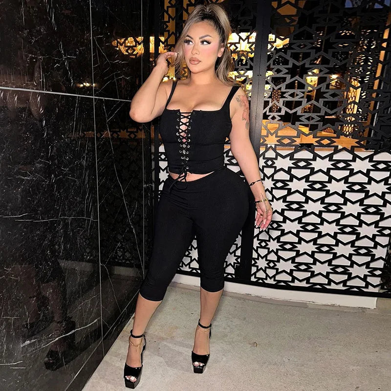 Sexy Ribbed Shorts 2 Piece Sets Women Bandage Sleeveless Tops And Skinny Shorts Fashion Lace-up Tops Two Piece Sets