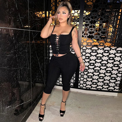Sexy Ribbed Shorts 2 Piece Sets Women Bandage Sleeveless Tops And Skinny Shorts Fashion Lace-up Tops Two Piece Sets