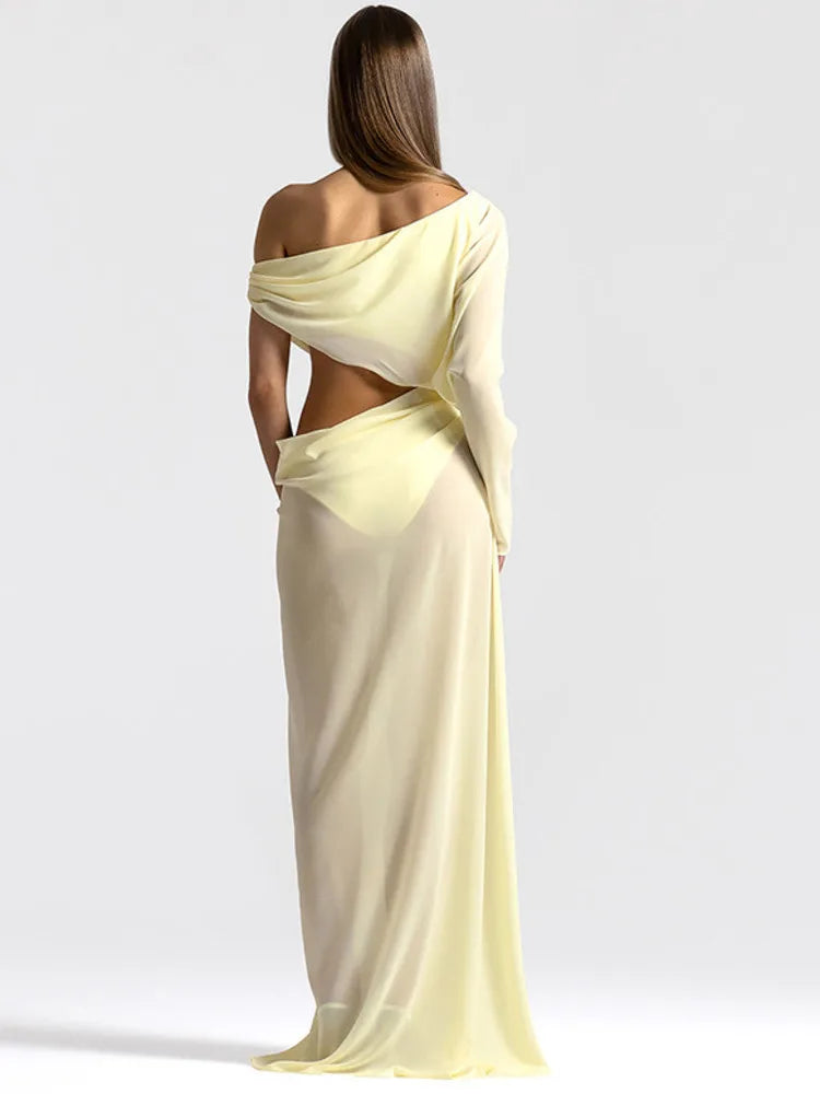 Off Shoulder Cutout Sexy Maxi Dress Women Elegant Draped Slinky Ruched Bodycon Cocktail Evening Party Dresses Gown