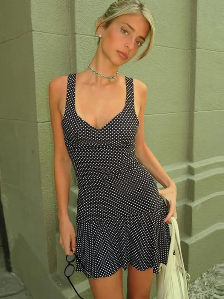 Polka Dot Sexy Two Piece Set Women Elegant Square Collar Tank Top Mini Skirt Matching Sets Female Fashion Dress Set