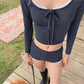 Y2K Coquette Women Striped Loungewear Set Lace Ruffle Trim Bow Tie Long Sleeve Cropped Top + Shorts Sleepwear Pajamas