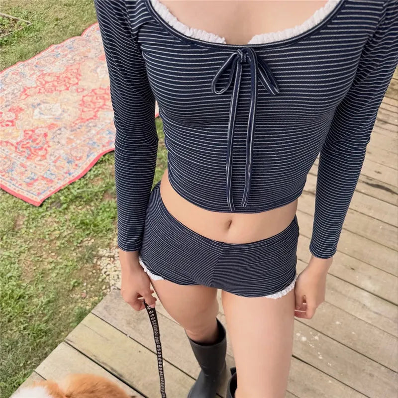 Y2K Coquette Women Striped Loungewear Set Lace Ruffle Trim Bow Tie Long Sleeve Cropped Top + Shorts Sleepwear Pajamas