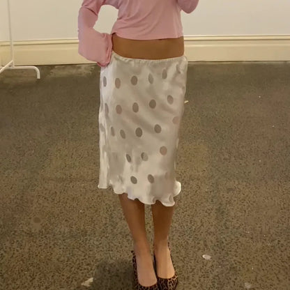 Women Satin Dots Midi Skirt Silky Elastic Waist Flowy Hem Bodycon Slip Skirts Aesthetic Vintage Fairy Y2k A-line Dress