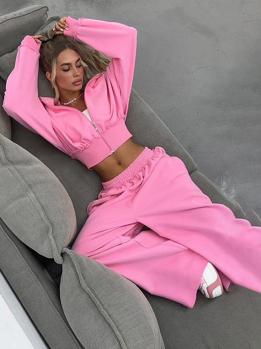 Fashion 2 Piece Set Women Tracksuit Sporty Zipper Patchwork Hooded Crop Jacket+Straight Pants Matching Streetwear Outfits