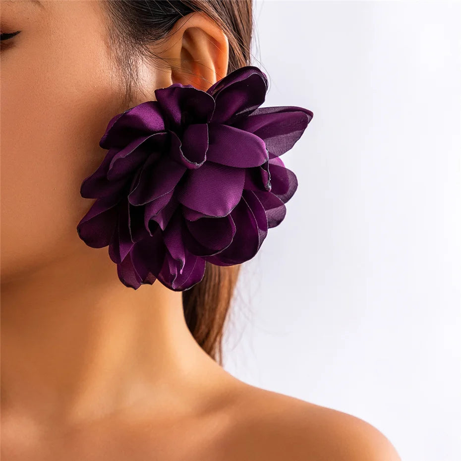 Exaggerated Large Fluffy Fabric Flower Stud Earrings for Women Elegant Petal Earring Trendy Y2K Jewelry Wed Accessories