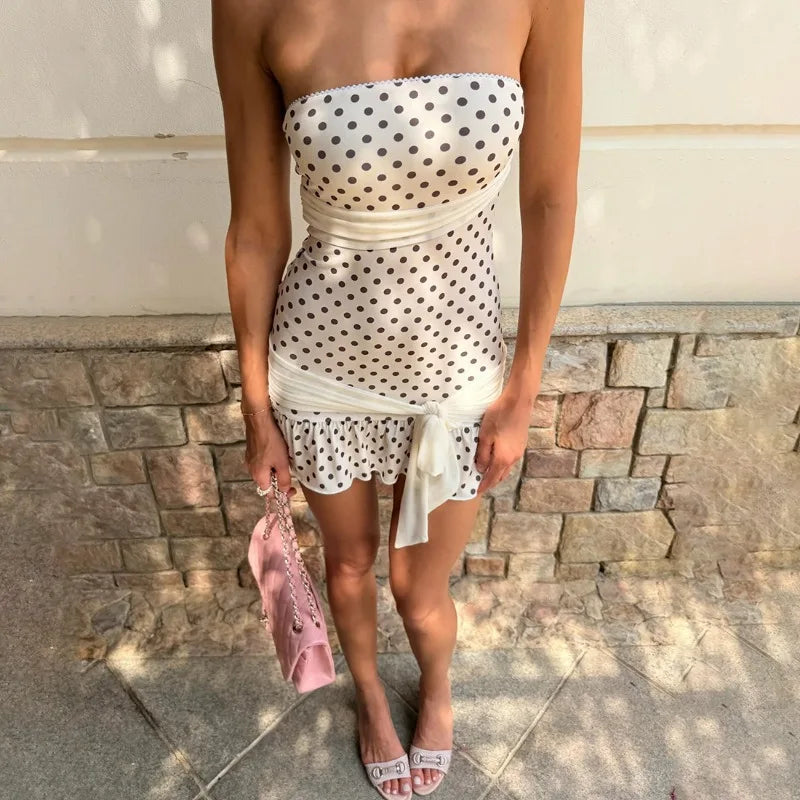 Polka Dot Print Strapless Ruffle Mini Dress for Woman Sexy Summer Dresses 2026