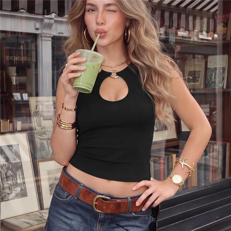 Women Solid Ribbed Sleeveless Tank Top O Neck Metal Ring Cutout Slim Cropped Vest Y2K Streetwear Daily Party Cami