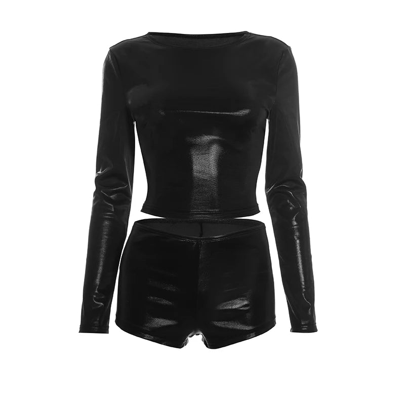 Silk Women 2 Piece Set Autumn Simple Tight Full Sleeve Crop Tops+Shorts Casual Skinny Streetwear Matching Outfits