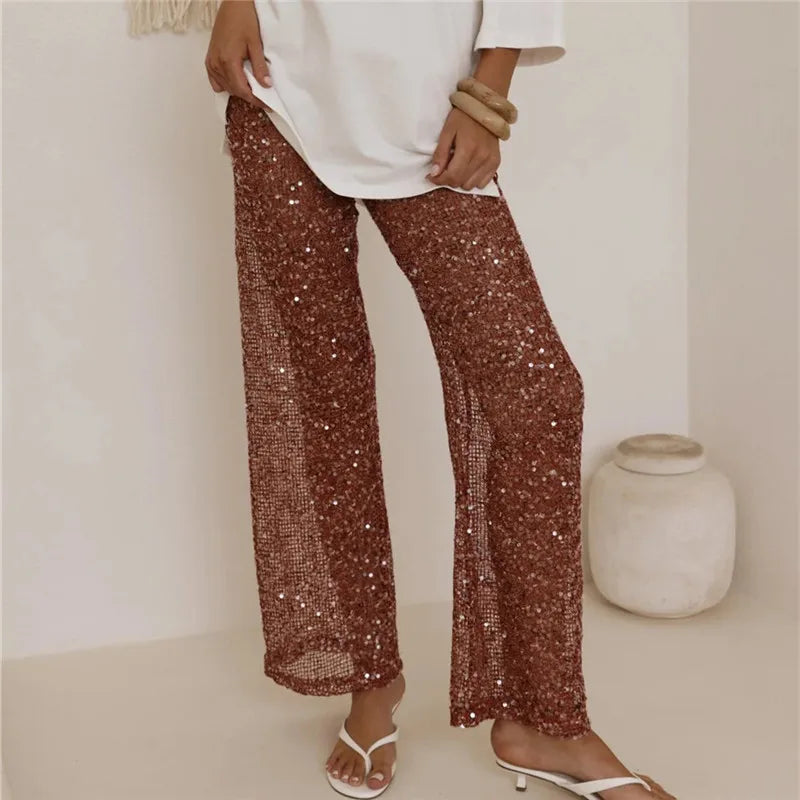 Sequin Mesh Wide Leg Pants Women High Waist See Through Sheer Elastic Waist Beachwear Trousers For Summer Vacation