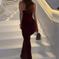 Women Burgundy Sexy Maxi Dress Elegant Spaghetti Strap Sleeveless Backless Ruched Bodycon Club Party Long Dresses