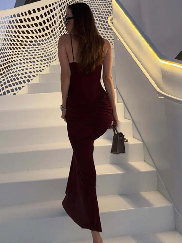 Women Burgundy Sexy Maxi Dress Elegant Spaghetti Strap Sleeveless Backless Ruched Bodycon Club Party Long Dresses