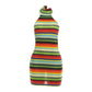 Colorful Stripe Halter Dress Women Sexy Backless Bandage Knit Thin Sleeveless Hottie Stretch Vacation Beach Clubwear