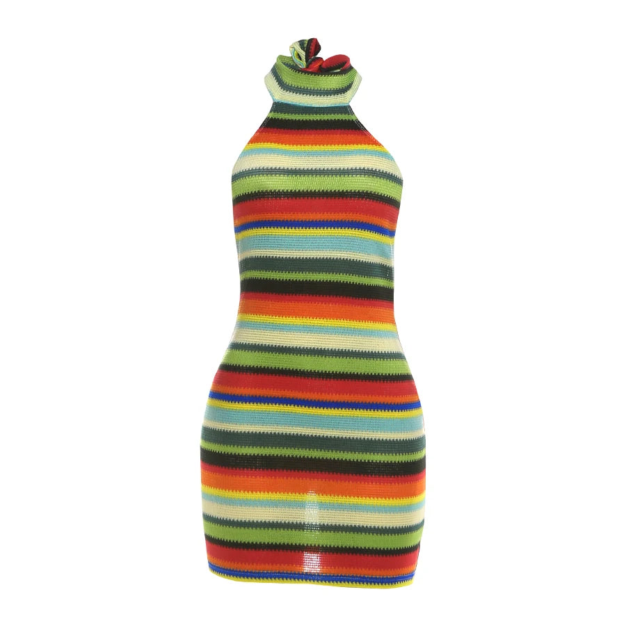 Colorful Stripe Halter Dress Women Sexy Backless Bandage Knit Thin Sleeveless Hottie Stretch Vacation Beach Clubwear