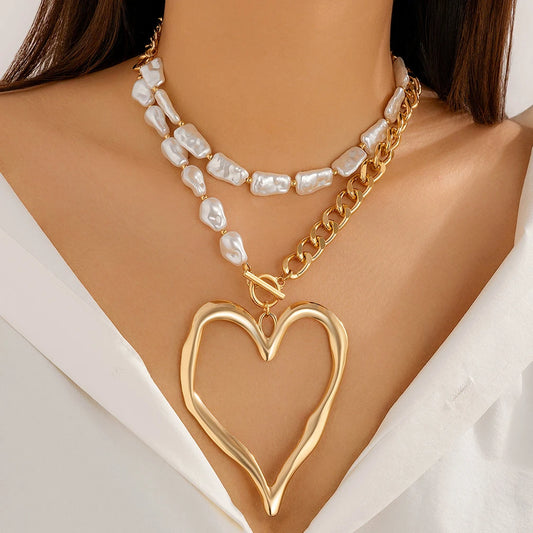 2Pcs/Set Exaggerated Big Love Heart Pendant Choker Nekclace for Women Wed Bridal Goth Imitation Pearl Chain Y2K Jewelry