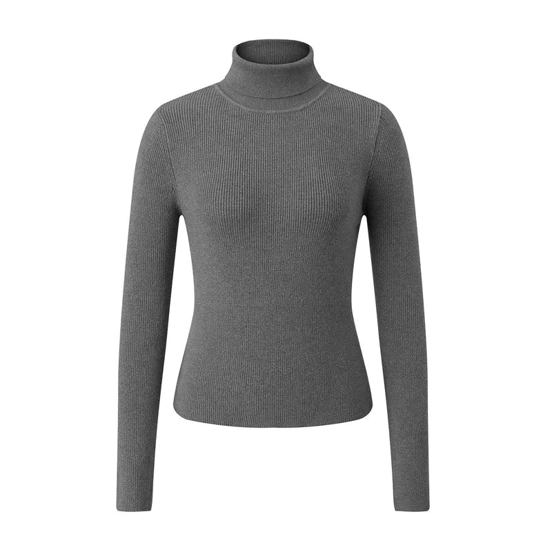 Elegant Turtleneck Rib Knit Cropped Sweater Women Long Sleeve Slim Basic Knit Top Solid Slim Short Pullover Fall Winter