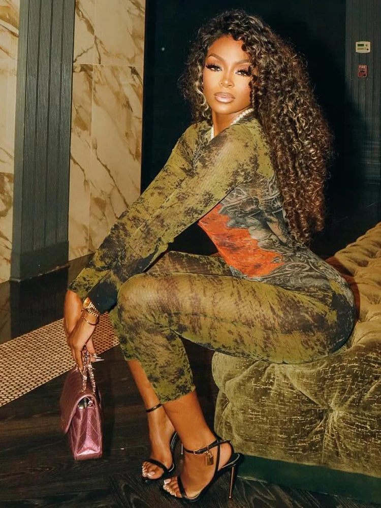 Tie-Dye Print Jumpsuit Women Fitness Stretch Tight Sexy o-Neck Full Sleeve Skinny Streetwear Autumn Zip Slim Overalls