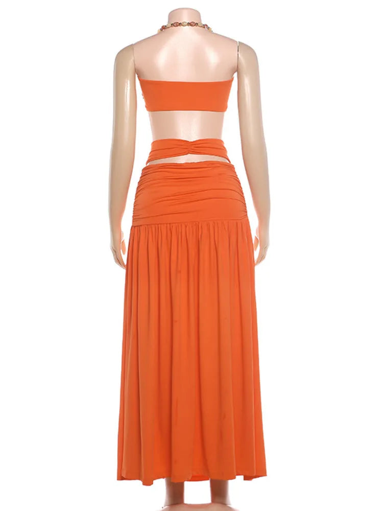Women 2 Piece Outfit Beaded Halter Bandeau Top Cutout Maxi Skirt Set Ruched Beach Vacation Party Two‑Piece Dress Set