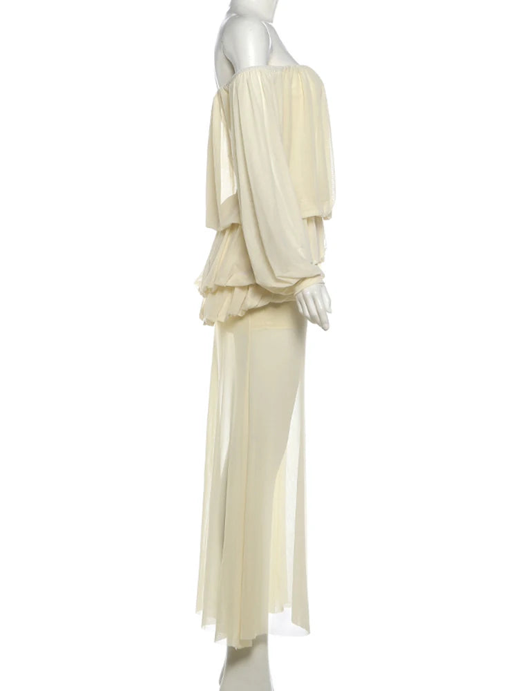 Draped Maxi Dress Women See Through Hem Off-Shoulder Long Lantern Sleeve Elegant Vacation Wedding Party Vestidos
