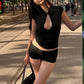 Hottie Hollow T-Shirt Women Sexy Simple Single-Breasted Mini Sleeve Ruched Stretch Fashion Party Street Crop Tees