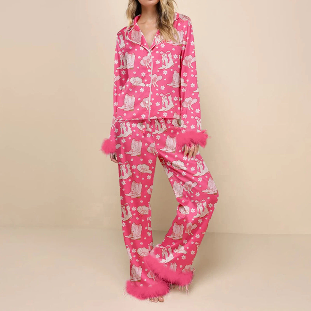 Christmas Pajamas for Women Feather Trim Button Down Long Sleeve Top and Pants Pj Set Soft Sleepwear Loungewear