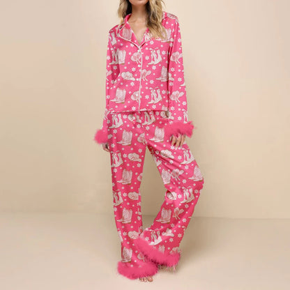 Christmas Pajamas for Women Feather Trim Button Down Long Sleeve Top and Pants Pj Set Soft Sleepwear Loungewear
