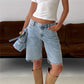 Women Loose Fit Denim Shorts Elegant Solid Color Zip Fly with Button Closure Bermuda Jean Shorts for Beach Daily Wear
